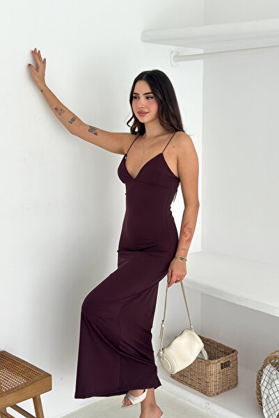 mielva Kadın Mürdüm İp Askılı V Yaka Maxi Boy Elbise