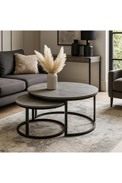 Vi Markets طقم طاولات خدمة أوربت - سطح دائري رمادي - قواعد معدن