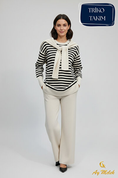 AYMELEK Women's Knitwear Trouser Set Striped Scarf Detailed Crew Neck Set