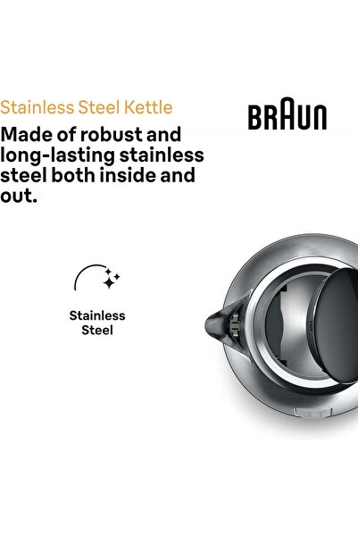 Braun PurShine Stainless Steel Electric Kettle, 1.7 L, 2200 W (WK1500BK)