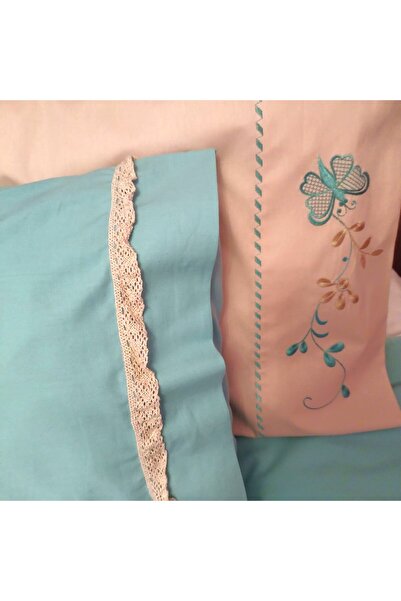 Casa Bucuriei Embroidered Bedding Set for 140x200 cm Bed, 'Delight', 6-piece, Beige/Turquoise, 100%