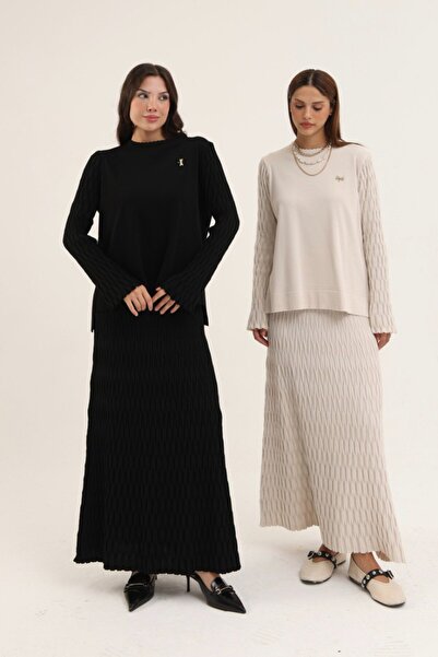 QUAWEAR Crew Neck Ruched Detail Sleeve Side Slit Mercerized Bottom Top Two-Piece Set with Tunic and Skirt