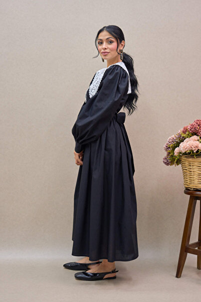 KÜÇÜĞÜM BUTİK Vintage Black Pleated Scallop Neckline Women's Long Dress (Dress-Collar)