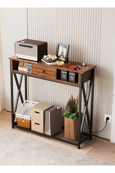 VariFurnx طاولة وحدة تحكم 100*30*90 سم مع مخرج طاقة وطاولة أريكة مع رف تخزين ...