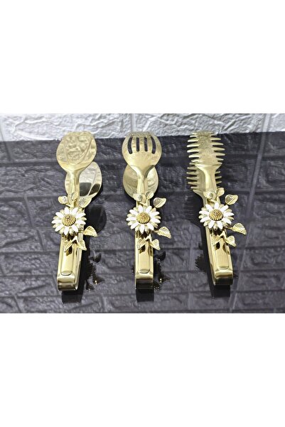 atabey home Gold Serving Tongs Set of 3 White Daisy Pasta/Dessert/Food/Display Tongs Titanium
