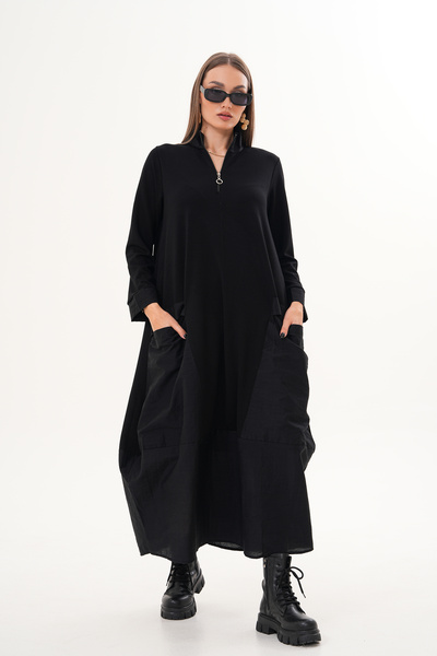 EL jadida Women's Modal Fabric Black Oversized Long Pocket Dress