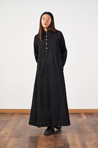 Mevra Oversized Belted Collar Buttoned Long Denim Dress Black