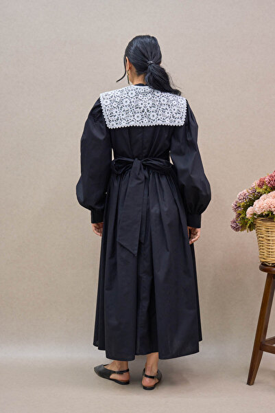 KÜÇÜĞÜM BUTİK Vintage Black Pleated Scallop Neckline Women's Long Dress (Dress-Collar)