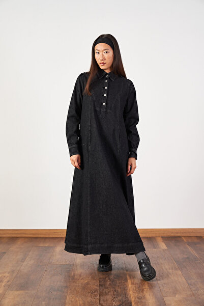 Mevra oversized Μακρύ τζιν φόρεμα με κουμπιά με λαιμόκοψη με ζώνη μαύρο