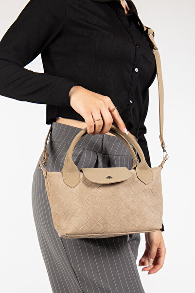 oless Women's Diamond Patterned Beige Suede Hand and Shoulder Bag