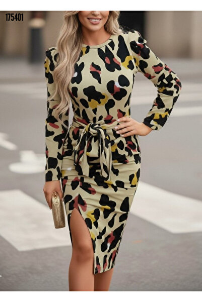 Modayakamoz Rochie din crep cu curea pentru femei, sezon nou, cu guler rotund...