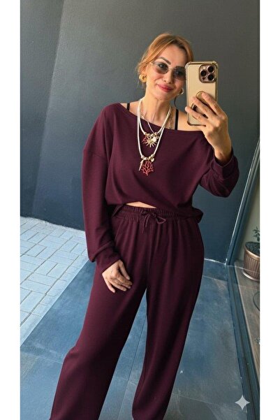Aymood Women's Long Sleeve One Shoulder Open Viscose Two Thread Blouse and Pants Two Piece Set