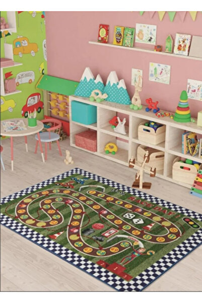 PRİNT Children's Room Carpet Racing Game Model, Green, 10 mm Thread, Anti-Slip, Anti-Allergic, Kindergarten, Nursery