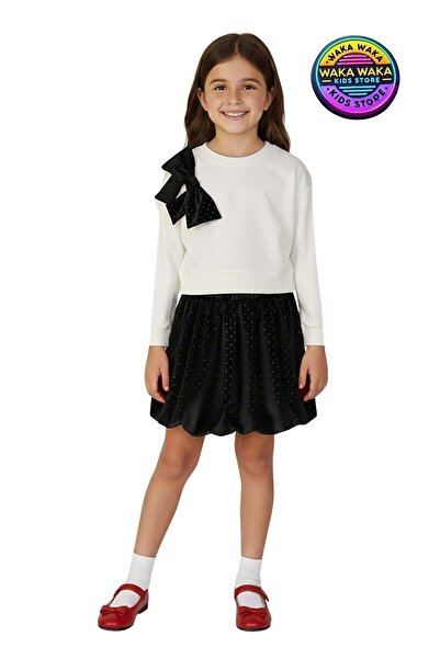 ww waka waka kids store Girl's Velvet Skirt with Bow Detail Two-Piece Set