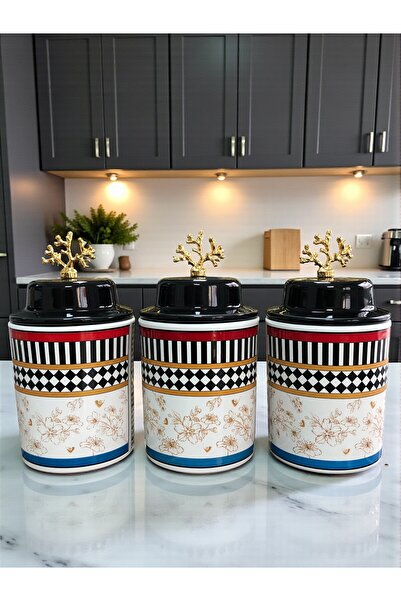 ferayhome Baharatlık Silindir Seramik Kapaklı 3 lü Kahve Köşesi Kelebek Desen...