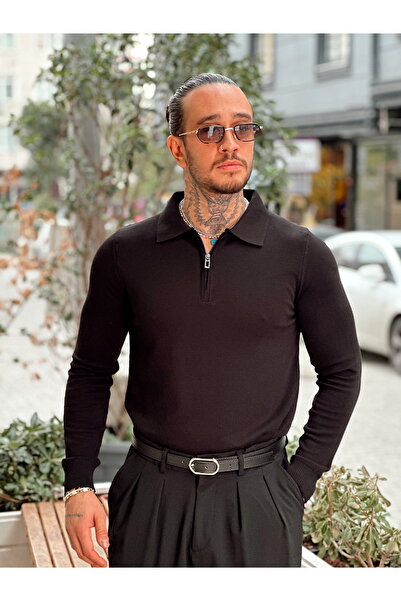 manch collection Yakası Fermuarlı Basic Sweatshirt Siyah