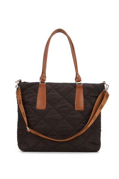 Newish Women's Quilted Fabric Long Strap Hand and Shoulder Bag – Black Brown