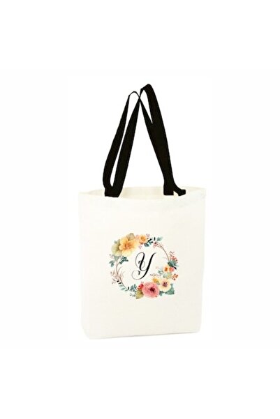 AFFIX THE DIFFERENT PERSPECTIVE White canvas shopping bag, long black handles, 34.5 x 38 cm, Flowers-Alphabet, (letter Y)