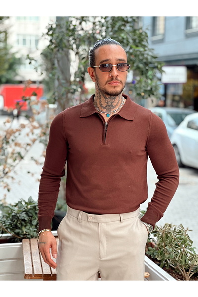 manch collection Yakası Fermuarlı Basic Sweatshirt Kahverengi