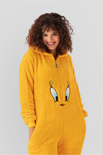 Mrs Justin Kadın Welsoft Sarı Civciv Sevimli Figür Pijama Tulum Peluş Rahat Ev Giyim