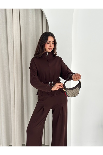 TheyYou Κομψό σετ casual αθλητικής φόρμας με φερμουάρ και ζώνη από ύφασμα Modal / Σετ αθλητικής φόρμας με φερμουάρ και ζώνη από ύφασμα Modal