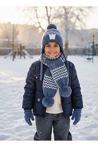 Kitti 4-8 Yaş Erkek ÇocukPolarlı Atkı-Bere-Eldiven-İndigo