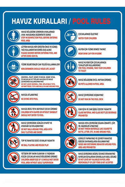 TABLOX İngilizce Türkçe Havuz Kullanım Kuralları Levhası 70x50 cm 5 mm Dekota...