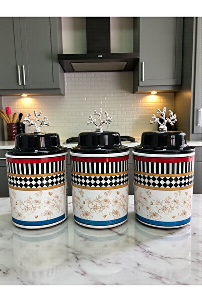 ferayhome Baharatlık Silindir Seramik Kapaklı 3lü Kahve Köşesi Kelebek Desen ...