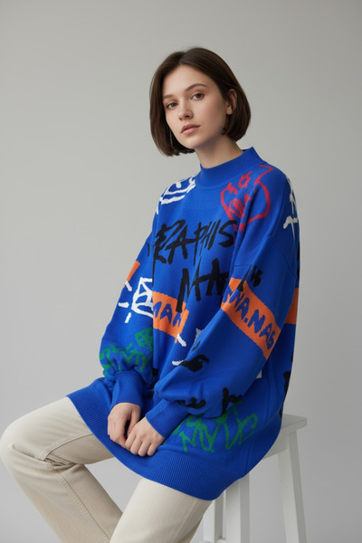 NEWCO Pulover tricotat cu mâneci bufante, cu model pe jumătate înalt, supradimensionat mărime standard