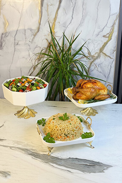 MAY HOME Luxury 3 Piece Porcelain Presentation Set & Bowl Pedestal Presentation Dish Tableware Set