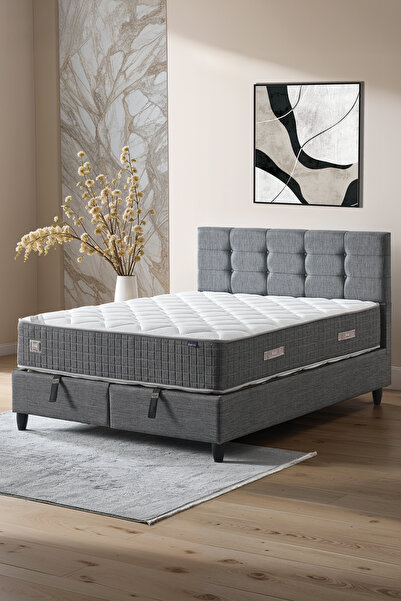 CENNET YATAK Mimoza Modeli Çift Kişilik Full Ortopedik Yataklı Sandıklı Baza ve Başlık Takımı 3 lü Set