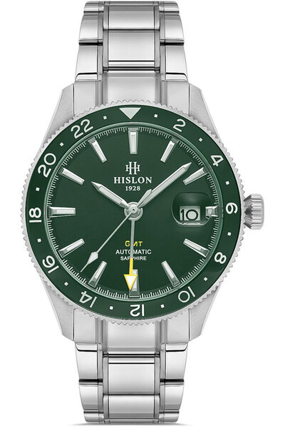 Hislon Men's Silver-Green Steel Case Round Dial Metal Band Wrist Watch Quartz Mechanism Analog Display