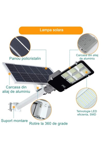 Flippy Lampă solară stradală, IP65, 417 LED-uri SMD, 24000 lm, 300W, 12-16h, Alb rece