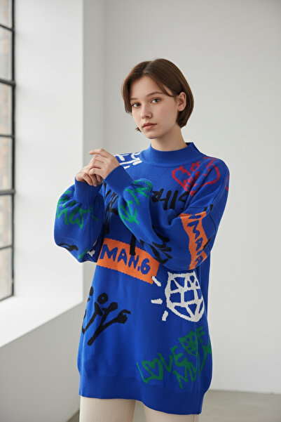 NEWCO Pulover tricotat cu mâneci bufante, cu model pe jumătate înalt, supradimensionat mărime standard