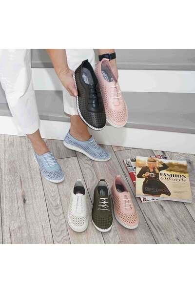 Demalis Women's casual shoes made of natural leather with elastic laces code 1800 green