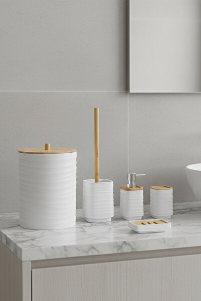 Vadi Olivia 5 Piece White Modern Acrylic Bathroom Set with Bamboo Lid