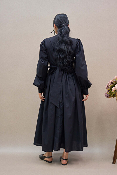 KÜÇÜĞÜM BUTİK Pleated Black Poplin Long Women's Dress