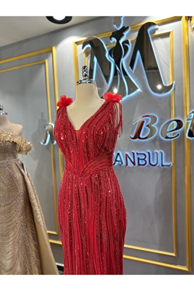 MissBetül Full Dantel V Yaka Etek Çiçek Detaylı Abiye Nişan Elbisesi