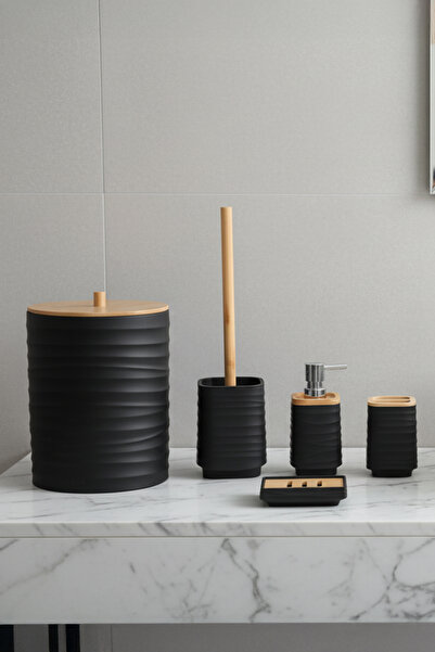 Vadi 5 Piece Black Modern Acrylic Bathroom Set with Bamboo Lid