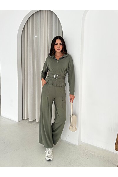 TheyYou Modal Kumaş Fermuarlı Kemerli Şık Günlük Eşofman Takımı / Modal Fabric Zippered Belted Tracksuit Set