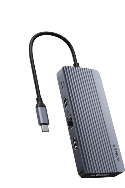 Anker موزع USB-C 10 في 1 بشاشة مزدوجة (4K@30Hz HDMI، 1080p VGA، 100W PD)