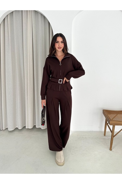 TheyYou Κομψό σετ casual αθλητικής φόρμας με φερμουάρ και ζώνη από ύφασμα Modal / Σετ αθλητικής φόρμας με φερμουάρ και ζώνη από ύφασμα Modal