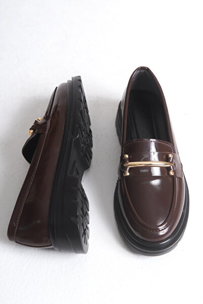 Redoxy Women's Lightweight and Thick-Soled Daily Casual Oxford, Buckle Detailed Brown Patent Leather Loafer Shoes