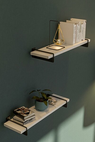 İda Wooden Alto Parlak - Mat Beyaz Metal Ayaklı Duvar Rafı - Demir Ayaklı Duv...