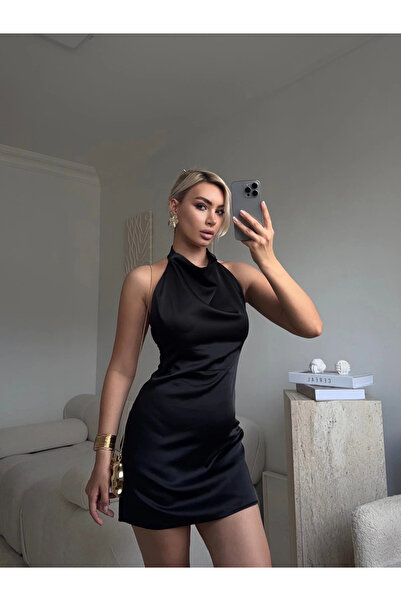 Zora Butik Sırt Dekolte Saten Elbise - SİYAH