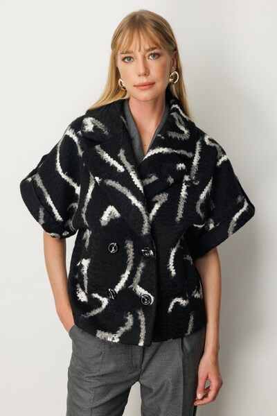 Ekol Bat Sleeve Patterned Coat Black 06005