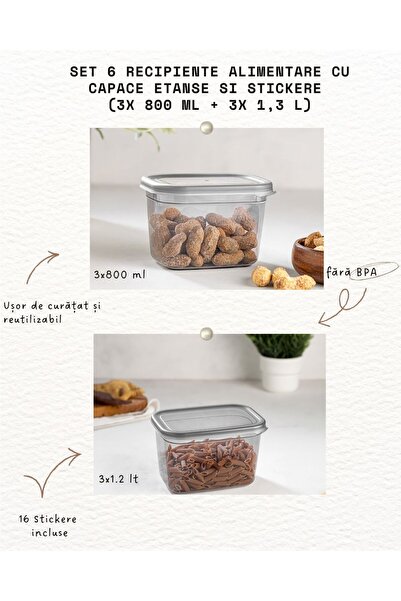 FOLY LIFE SET OF 6 FOOD CONTAINERS WITH SEALING LIDS AND STICKERS (3X 800 ML + 3X 1.3 L)