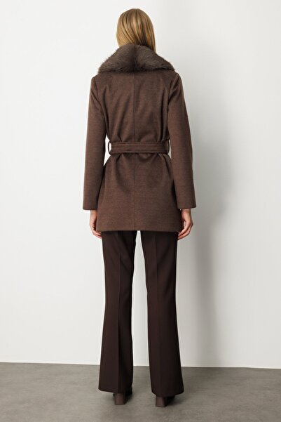 Ekol Sheepskin Collar Waist Belted Coat