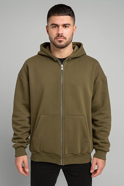 Ahsenbutik Khaki Unisex Oversized 3 Thread K Hooded Ş Fleece-Lined Zippered Cardigan