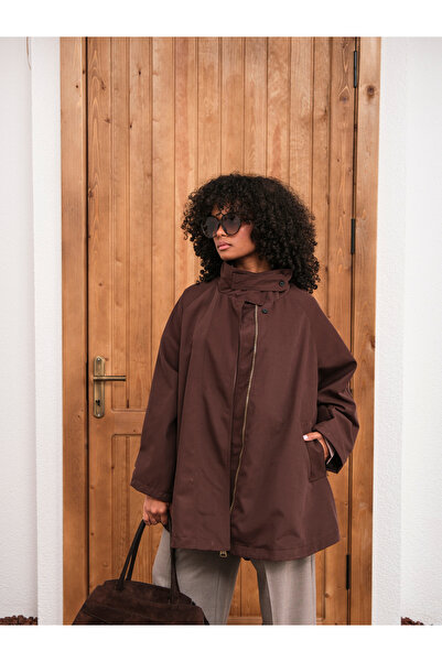 HOPE AND ME Kahverengi Oversize Fermuarlı Panço Trençkot